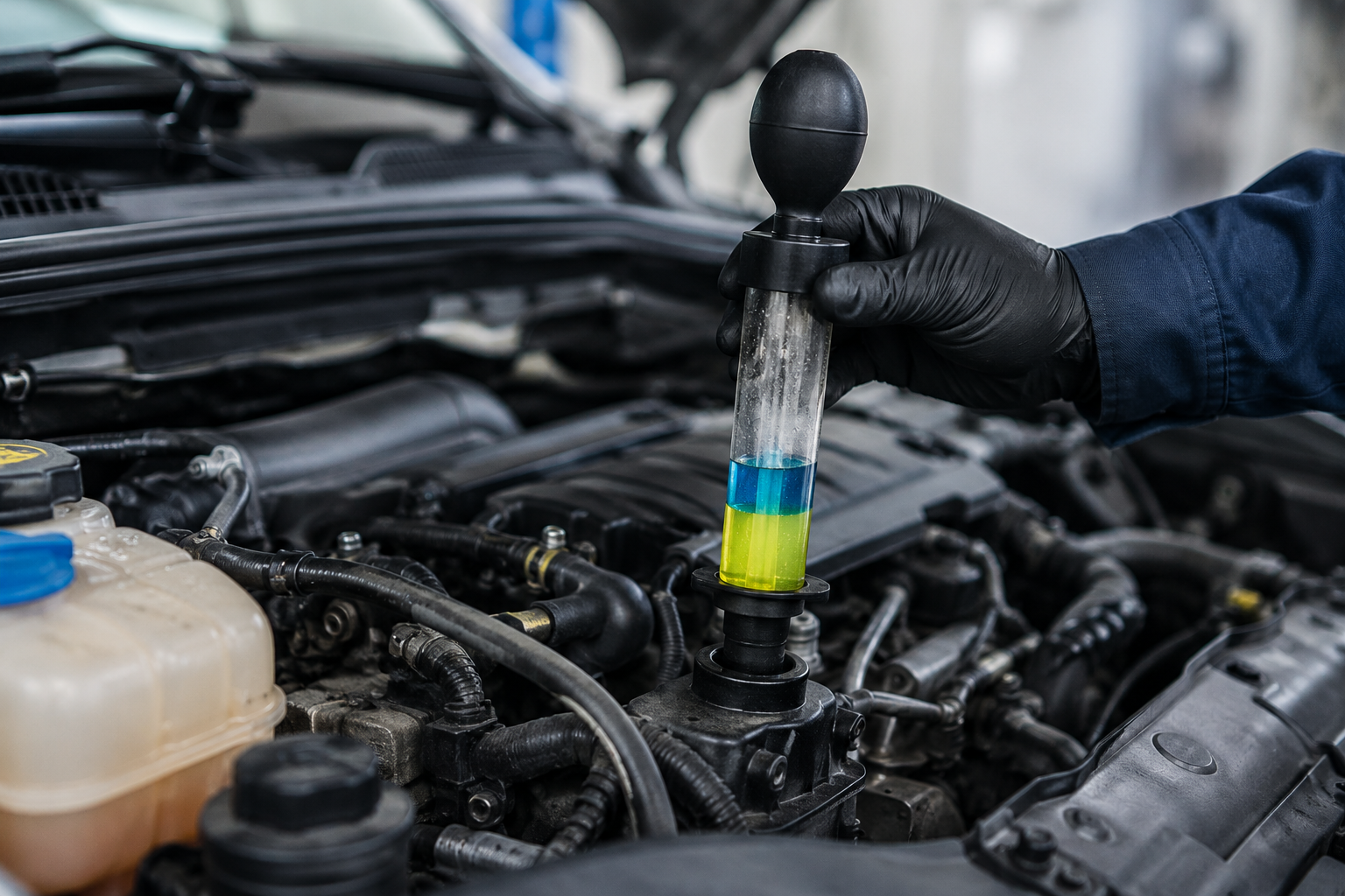 Testeur CO2 joint de culasse positionné sur le vase d'expansion d'un moteur ouvert